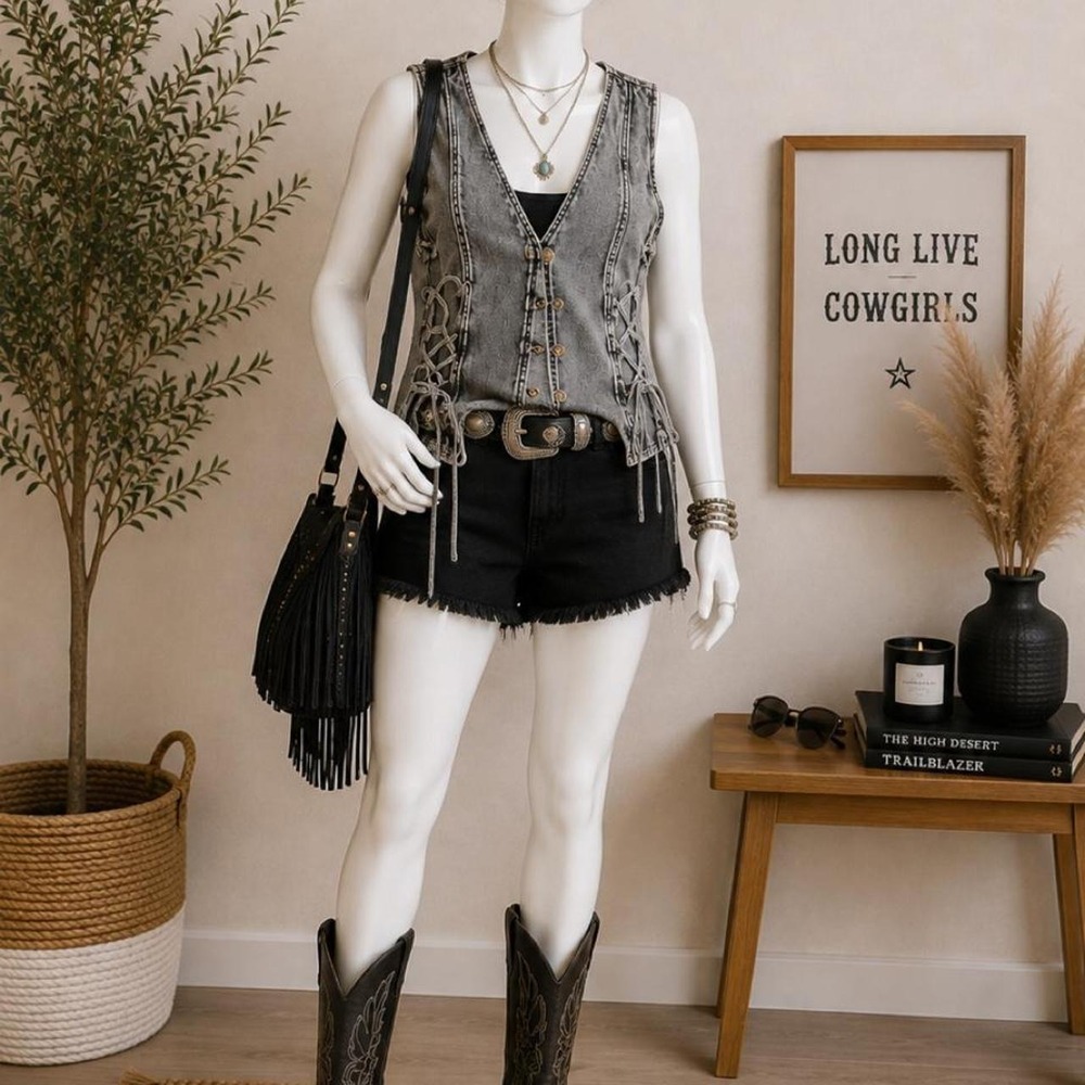 Wisteria Lane Acid Wash Denim Lace-Up Vest Women's S NWT